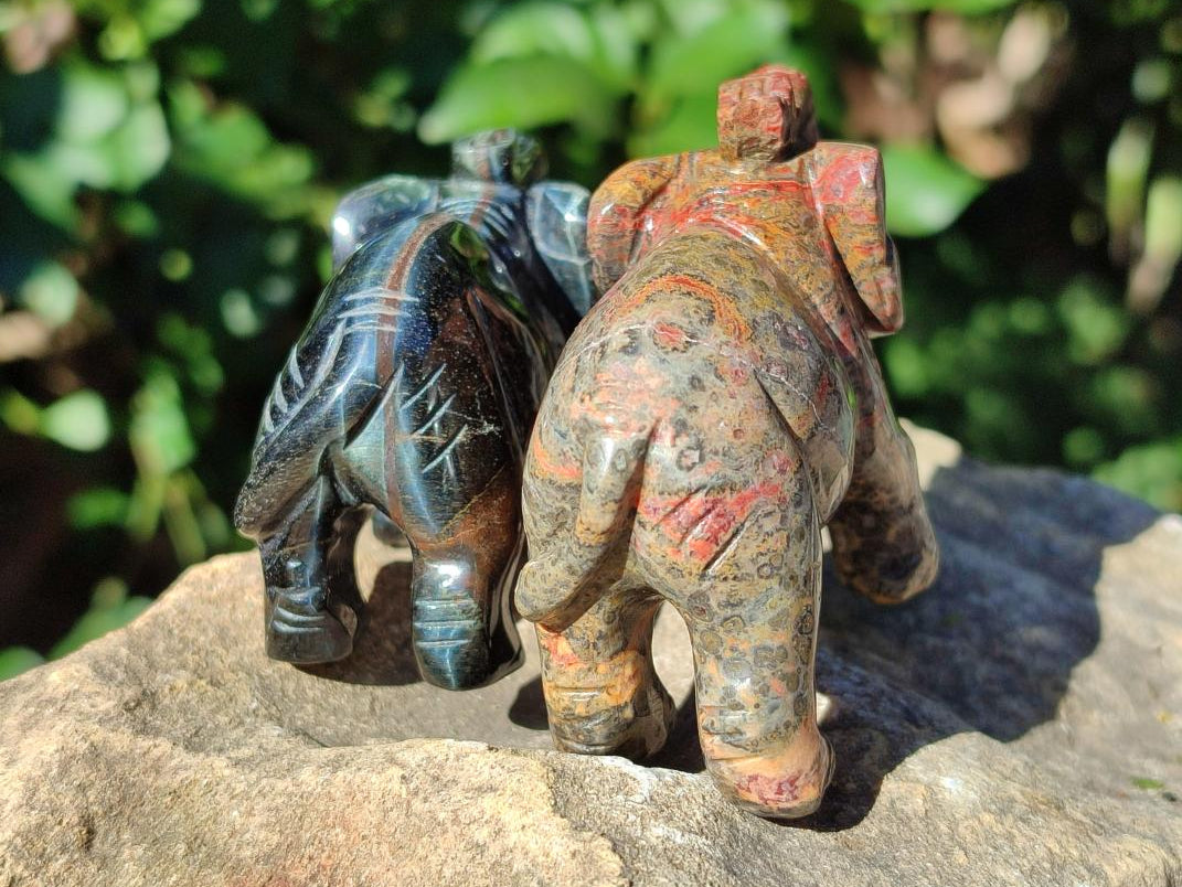 Polished Pair of Snakeskin Jasper and Blue Tigers Eye Elephant Gemstone Carvings x 1 From Africa and Australia