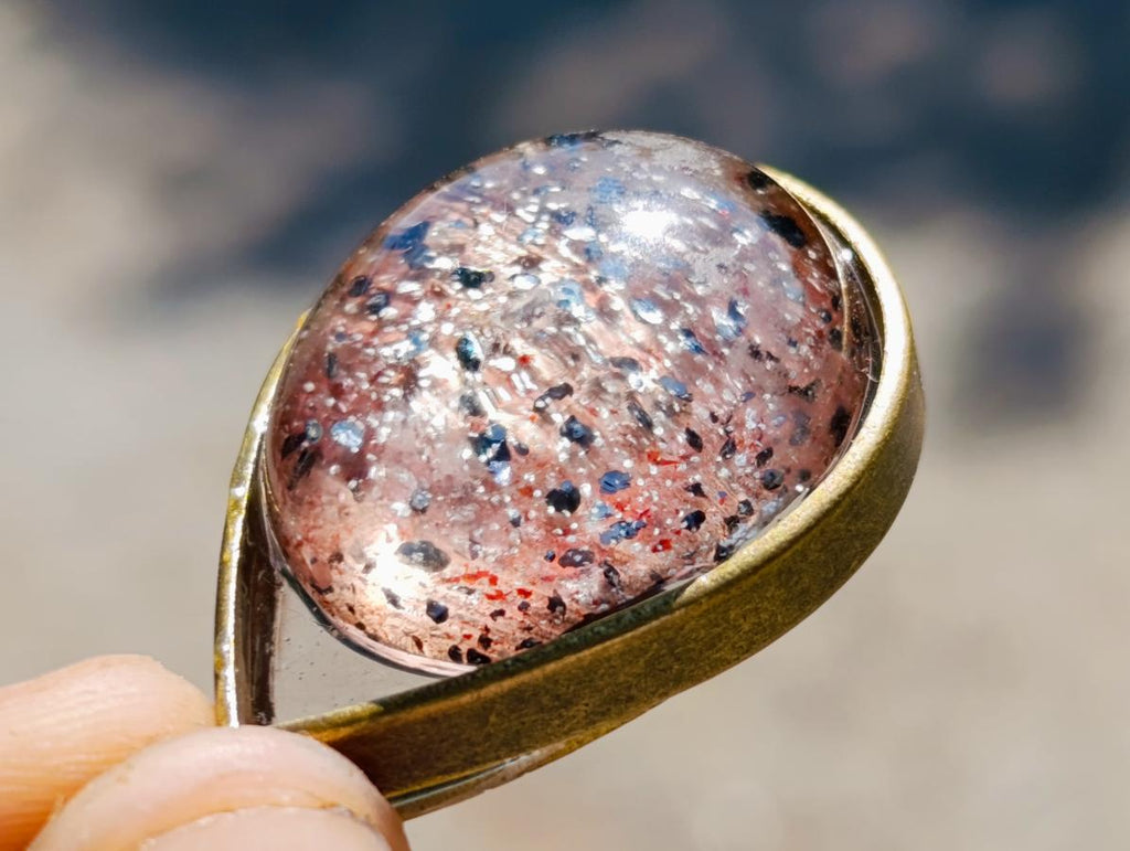 Hand Made Specular Hematite Clear Crystal Cabochon Pendant x 1 From Madagascar