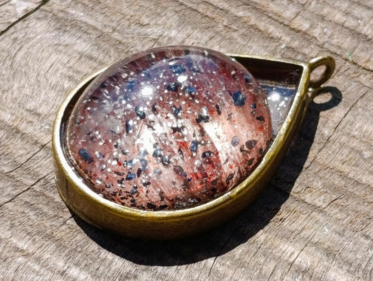 Hand Made Specular Hematite Clear Crystal Cabochon Pendant x 1 From Madagascar