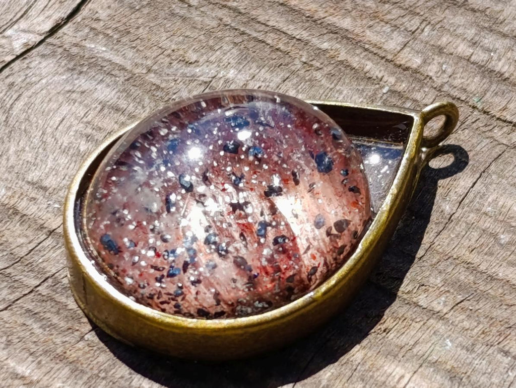 Hand Made Specular Hematite Clear Crystal Cabochon Pendant x 1 From Madagascar