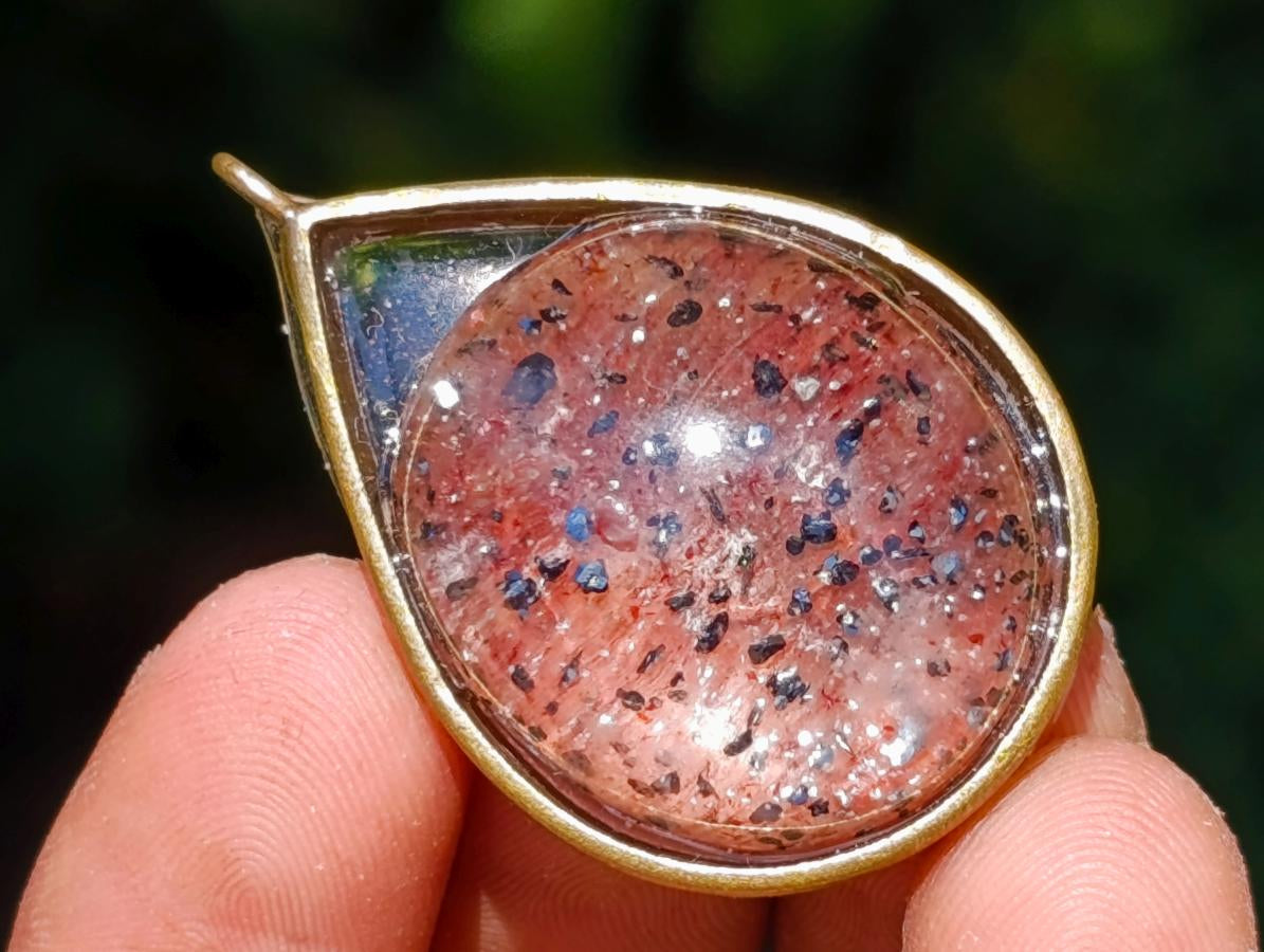 Hand Made Specular Hematite Clear Crystal Cabochon Pendant x 1 From Madagascar