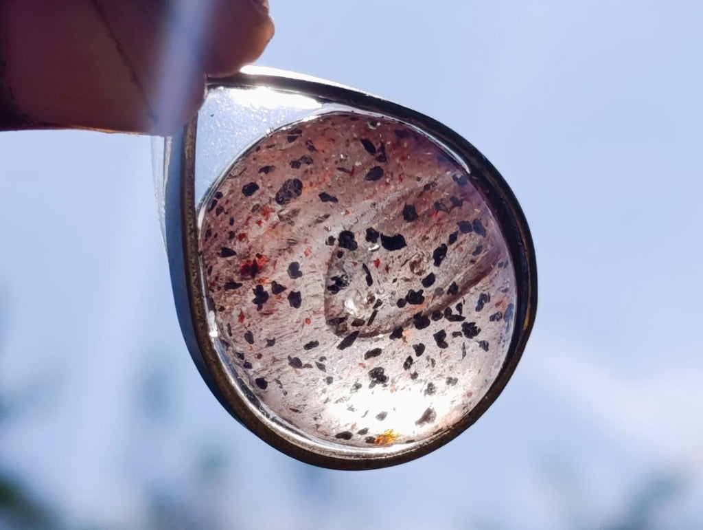 Hand Made Specular Hematite Clear Crystal Cabochon Pendant x 1 From Madagascar