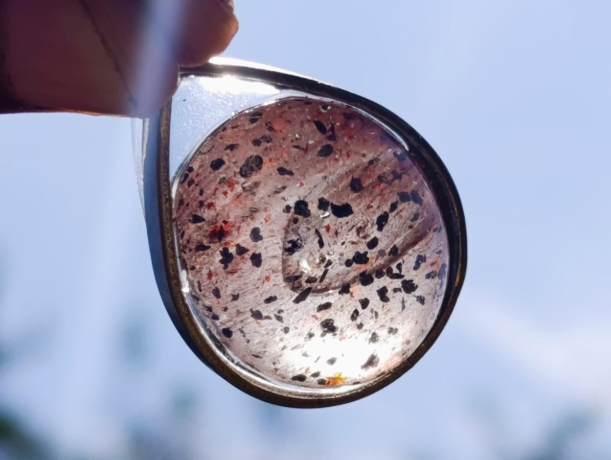 Hand Made Specular Hematite Clear Crystal Cabochon Pendant x 1 From Madagascar