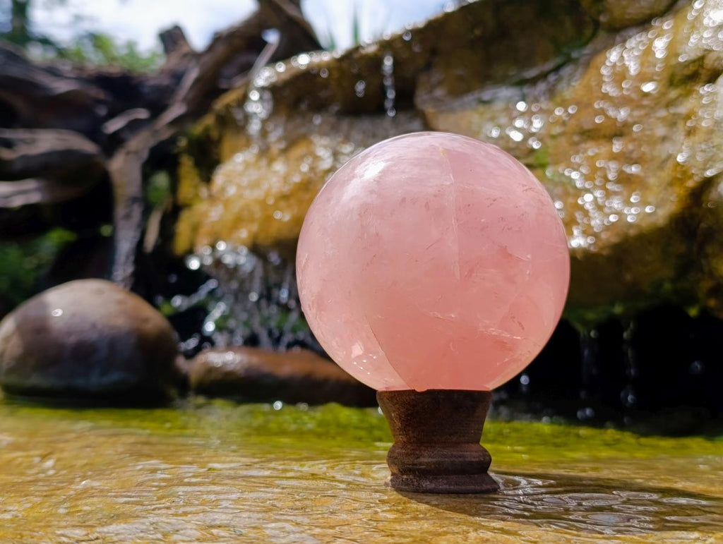 Polished Large Star Rose Quartz Sphere with Wooden Stand x 1 From Ambatondrazaka Madagascar