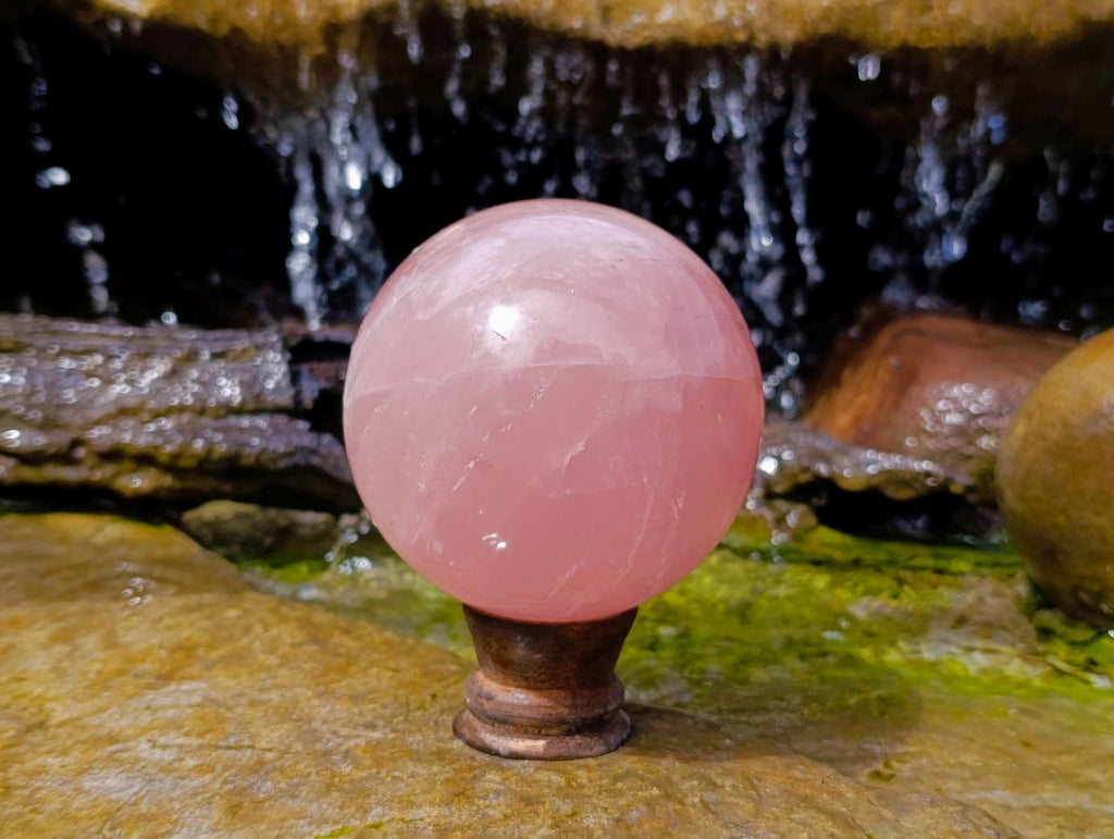 Polished Large Star Rose Quartz Sphere with Wooden Stand x 1 From Ambatondrazaka Madagascar