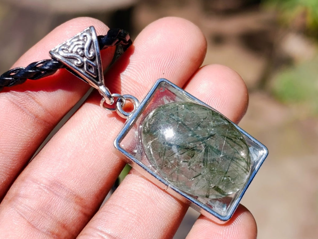 Hand Made Green Verdelite Tourmaline in Quartz Cabochon Necklace x 1 From Madagascar