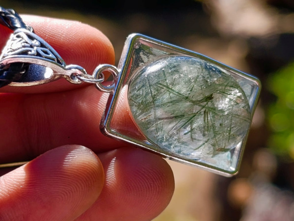 Hand Made Green Verdelite Tourmaline in Quartz Cabochon Necklace x 1 From Madagascar