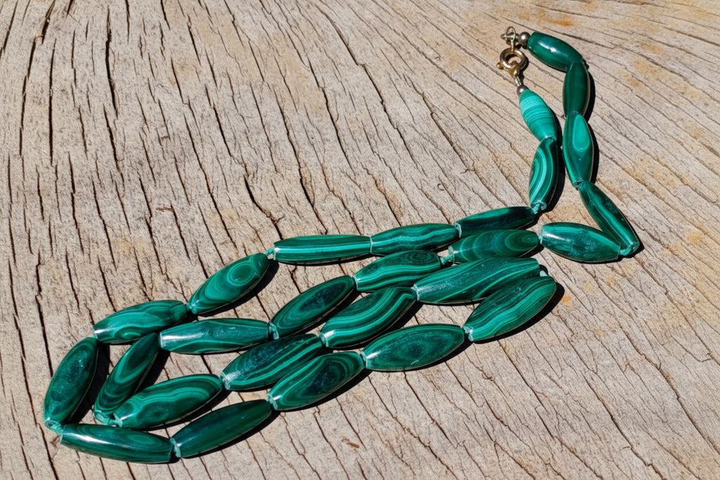 Hand Made Banded Barrel Bead Malachite Necklace x 1 From Congo