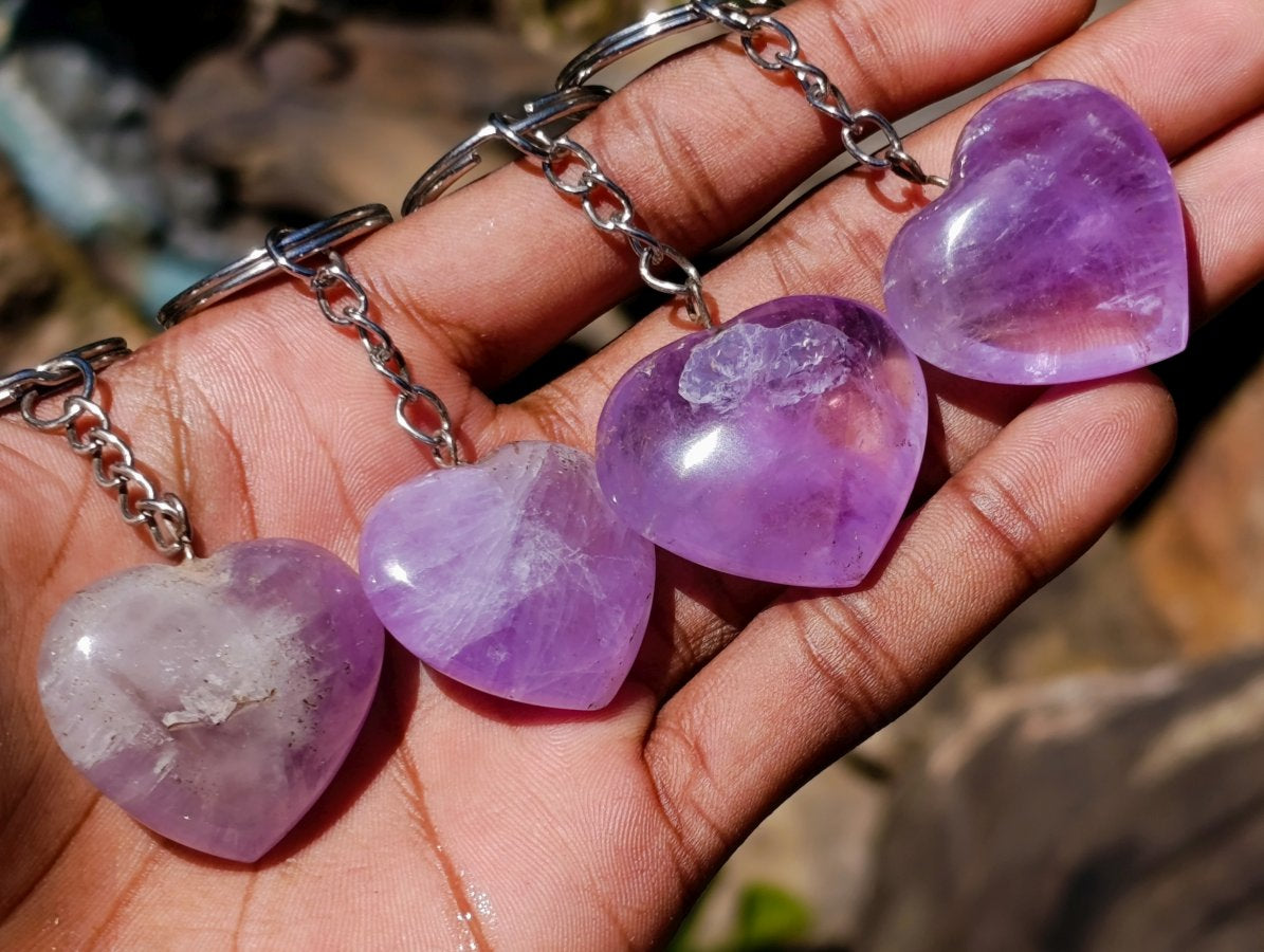 Hand Made Gemmy Amethyst Heart Keyring - Sold Per Piece - From Madagascar
