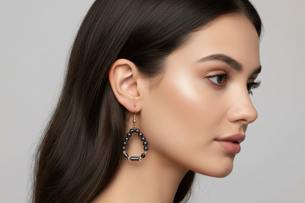 Hand Made Hematite Ball and Cylinder Bead Earrings - Sold Per Pair - From China