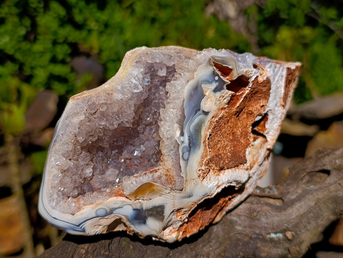 Polished Banded Agate Amethyst Crystal Centred Geode x 1 From Maintirano, Madagascar