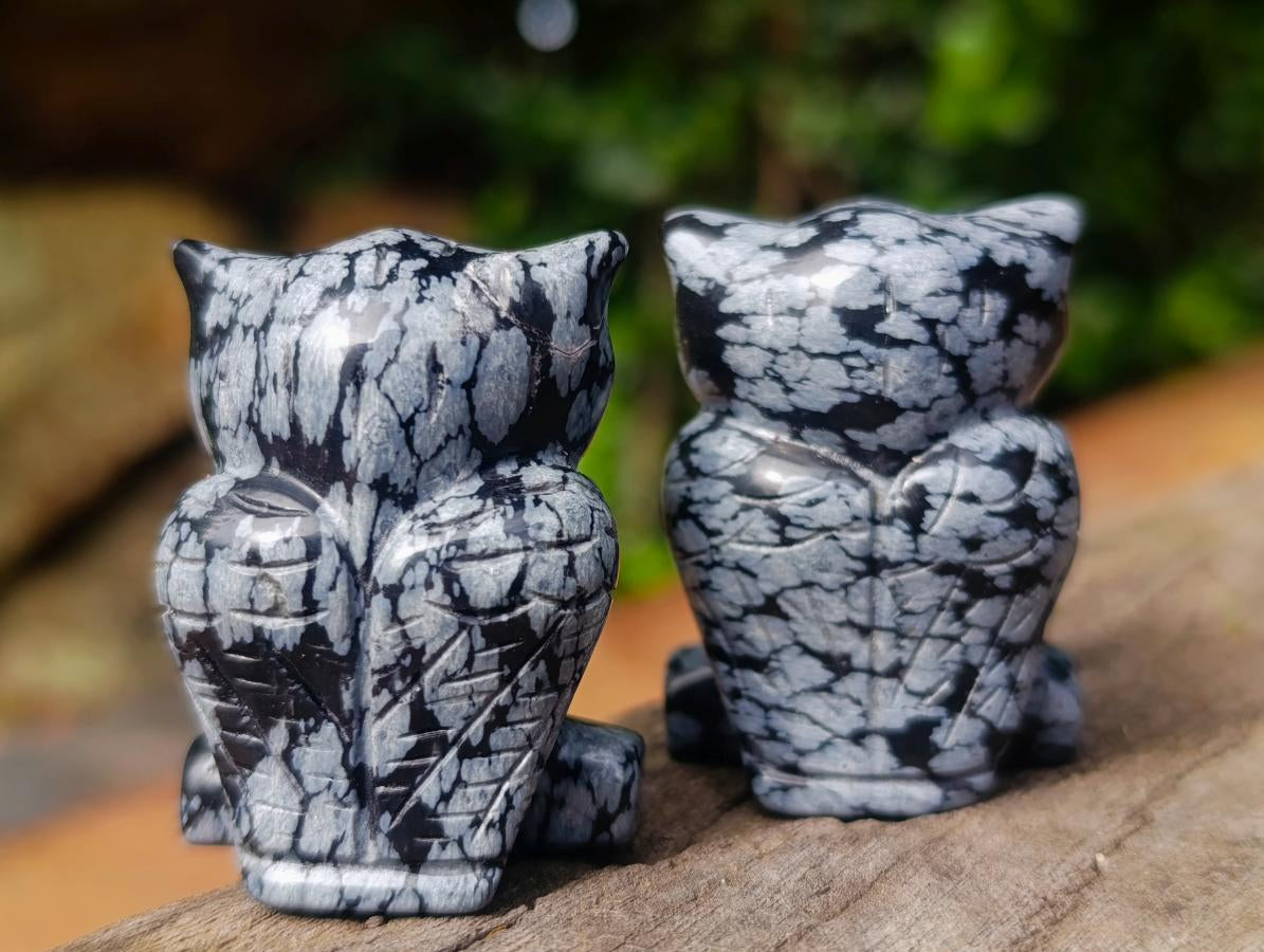 Hand Made Pair of Snowflake Obsidian Owl Carvings x 1 From Mexico