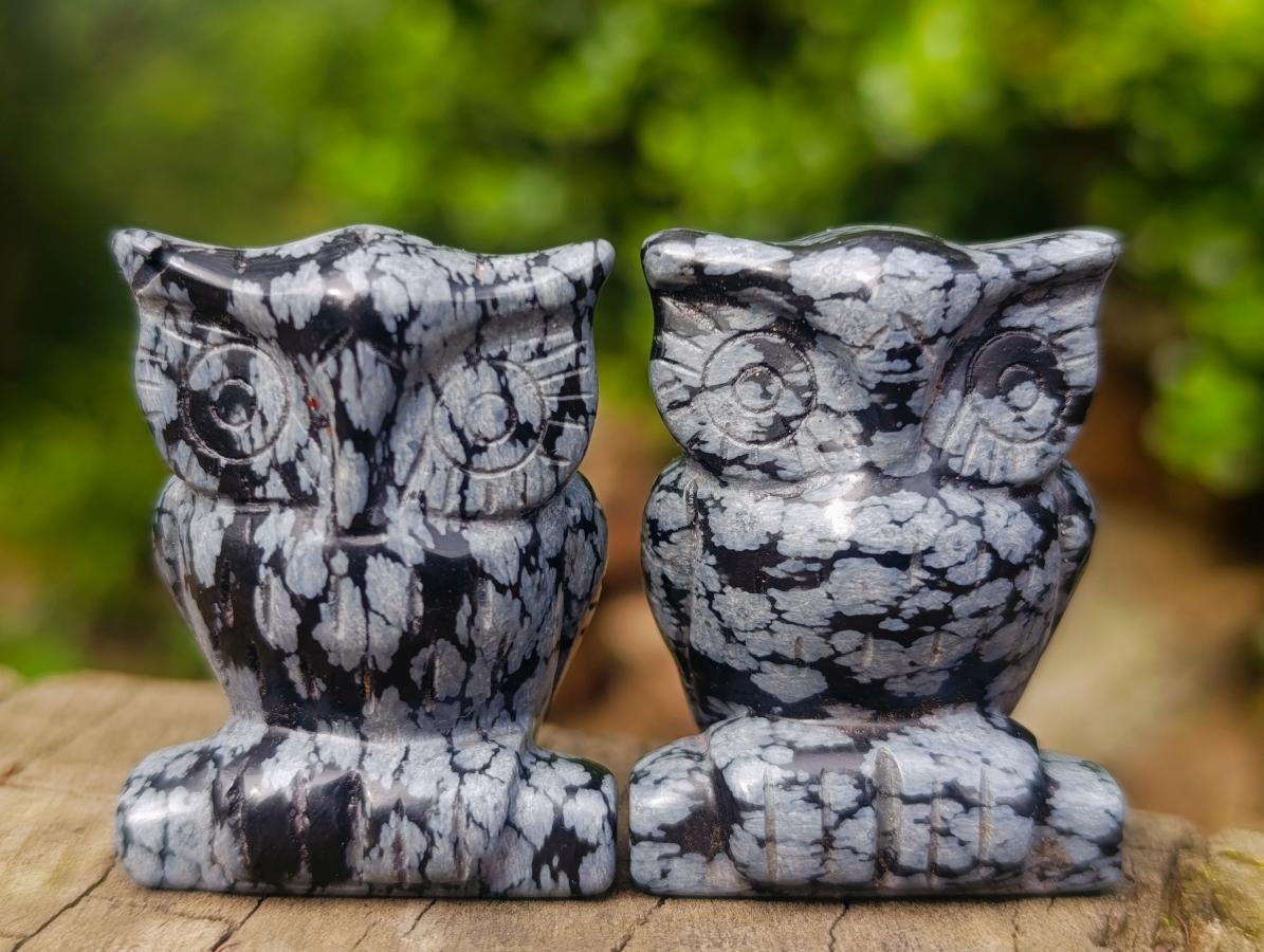 Hand Made Pair of Snowflake Obsidian Owl Carvings x 1 From Mexico