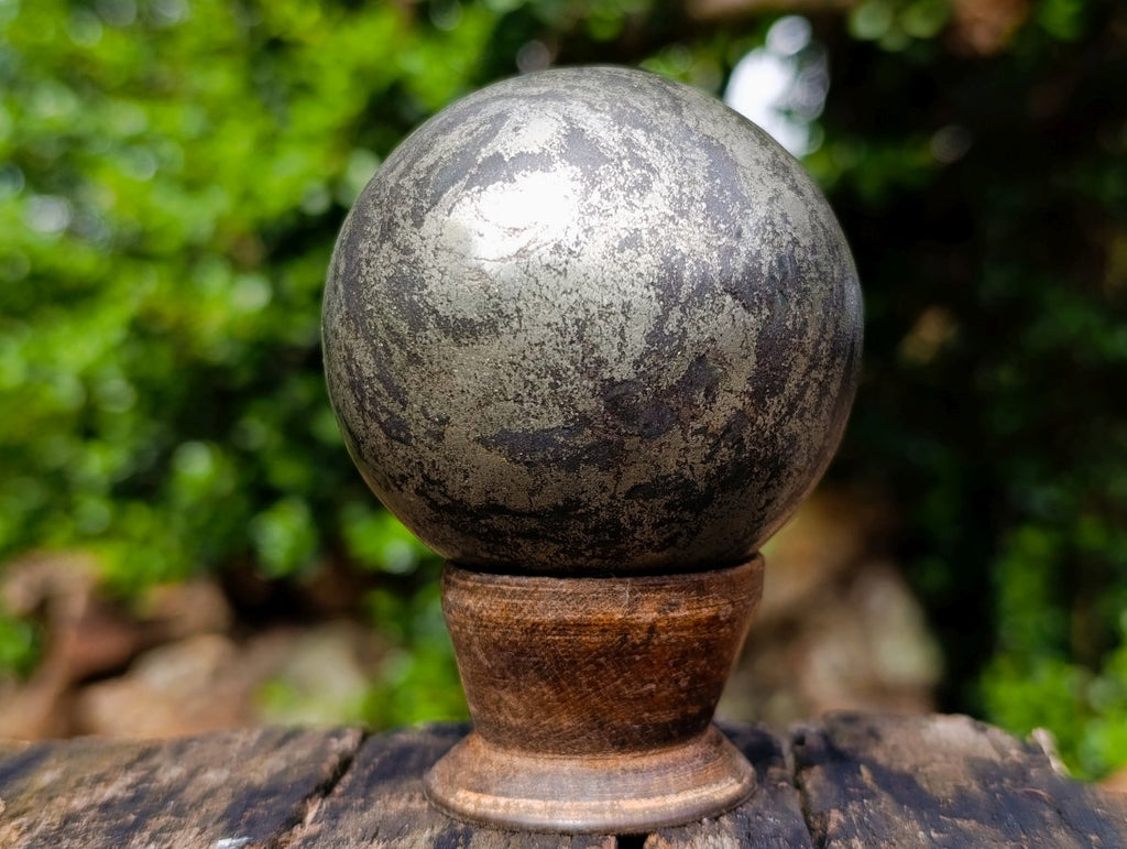 Polished Basalt and Pyrite Pharaoh Stone Sphere with Wooden Stand x 1 From Iron Duke Mine, Zimbabwe