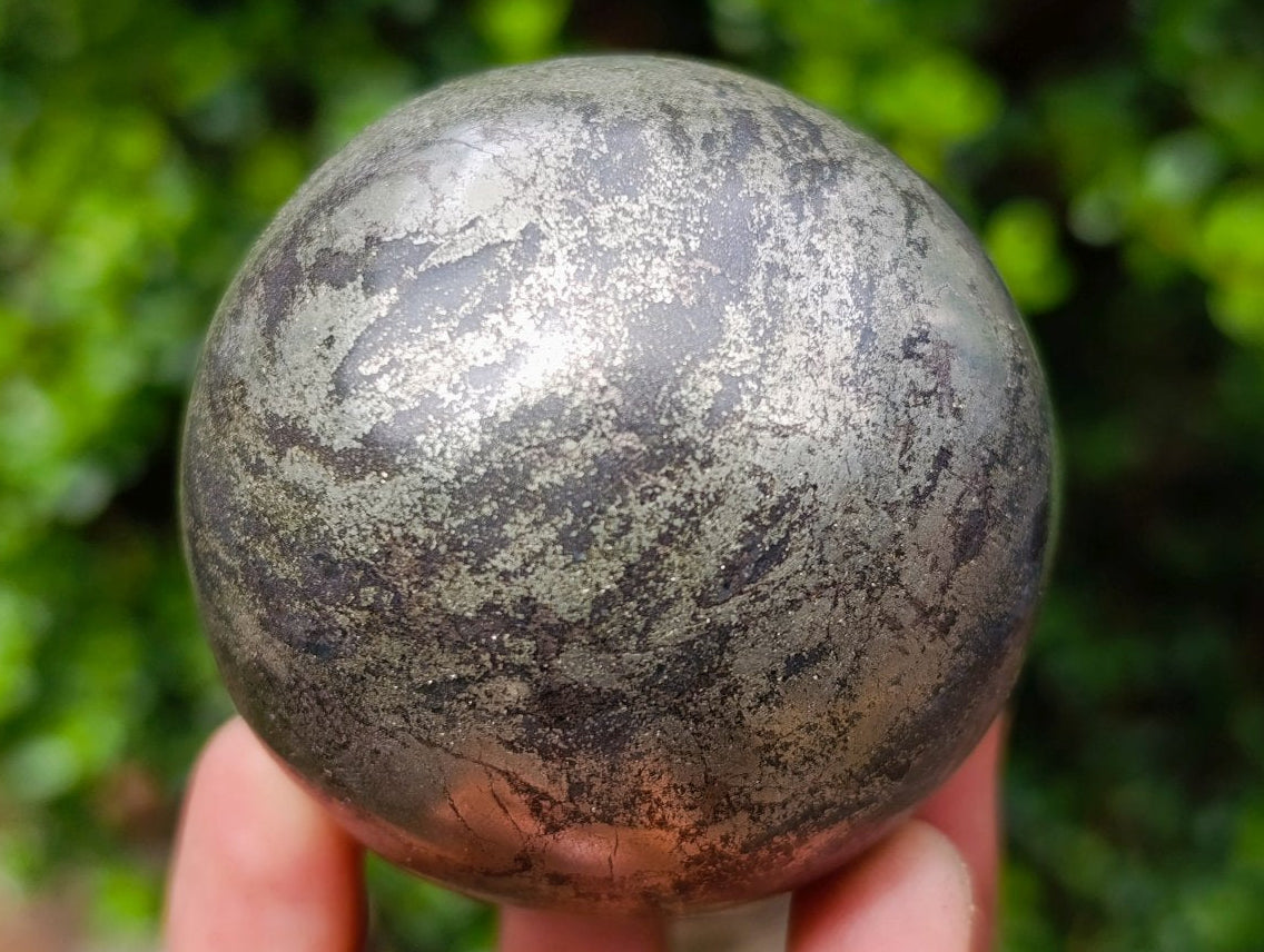 Polished Basalt and Pyrite Pharaoh Stone Sphere with Wooden Stand x 1 From Iron Duke Mine, Zimbabwe