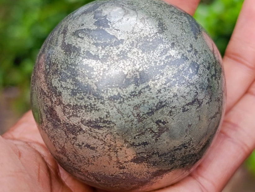 Polished Basalt and Pyrite Pharaoh Stone Sphere with Wooden Stand x 1 From Iron Duke Mine, Zimbabwe