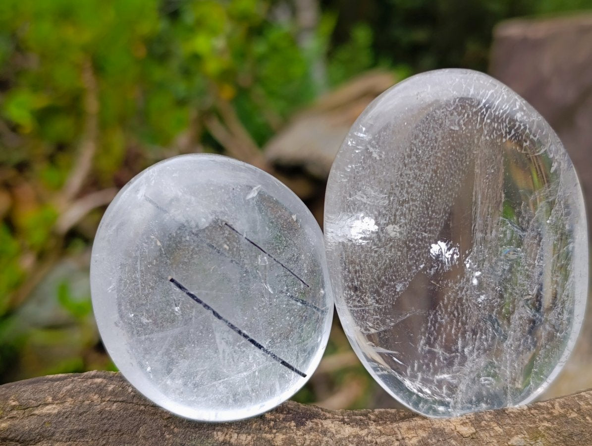 Polished Pair of Rock Crystal Palm Stones one with Tourmaline Needles x 1 From Madagascar