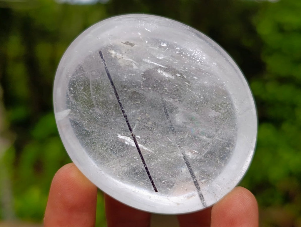 Polished Pair of Rock Crystal Palm Stones one with Tourmaline Needles x 1 From Madagascar