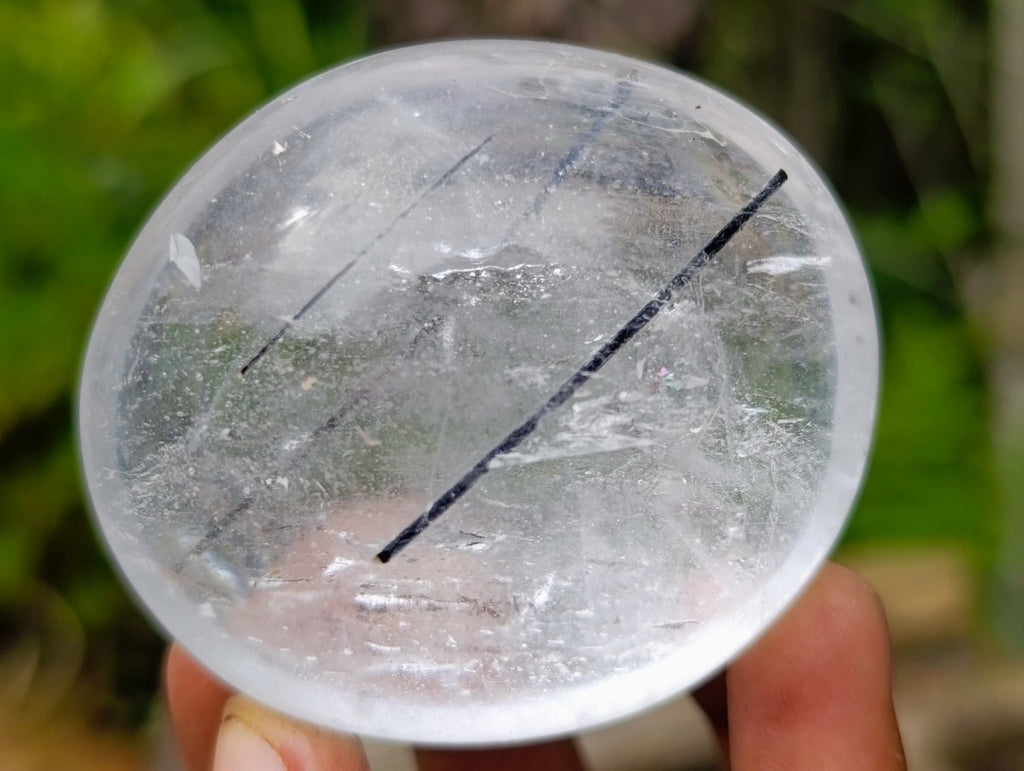 Polished Pair of Rock Crystal Palm Stones one with Tourmaline Needles x 1 From Madagascar