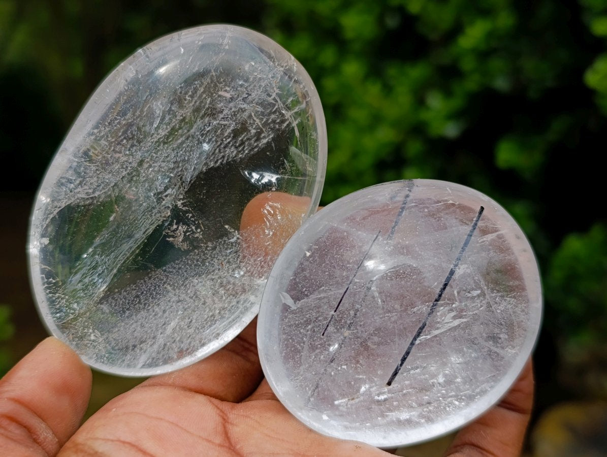 Polished Pair of Rock Crystal Palm Stones one with Tourmaline Needles x 1 From Madagascar