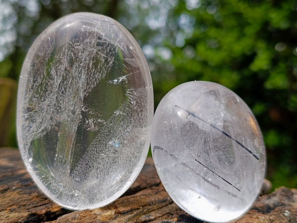 Polished Pair of Rock Crystal Palm Stones one with Tourmaline Needles x 1 From Madagascar