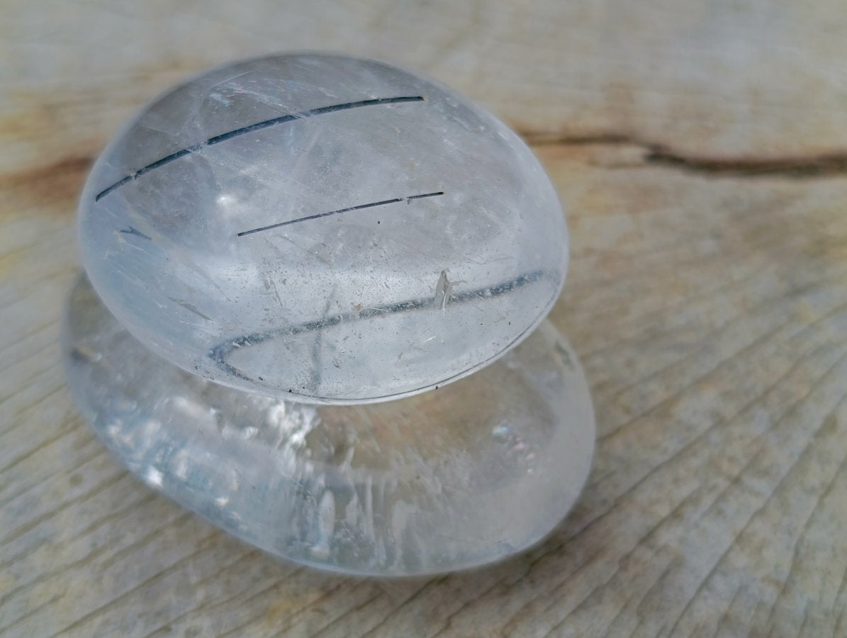 Polished Pair of Rock Crystal Palm Stones one with Tourmaline Needles x 1 From Madagascar