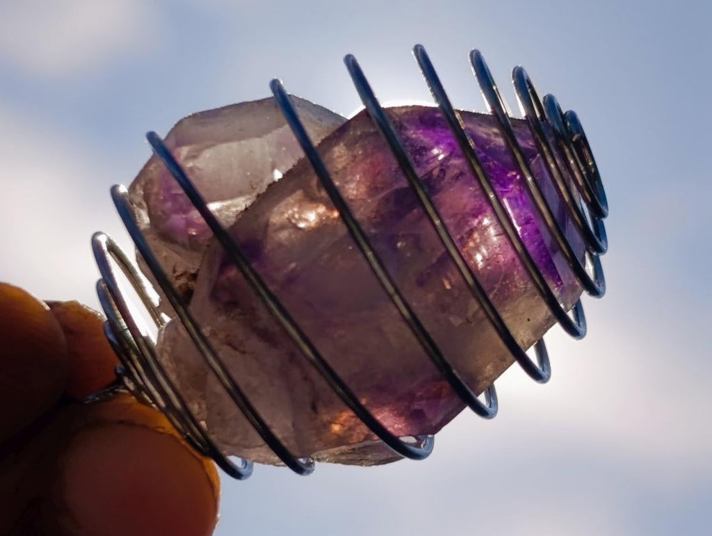 Hand Made Smokey Amethyst Crystal in Spiral Cage Necklace - Sold Per Item - From Chiredzi, Zimbabwe