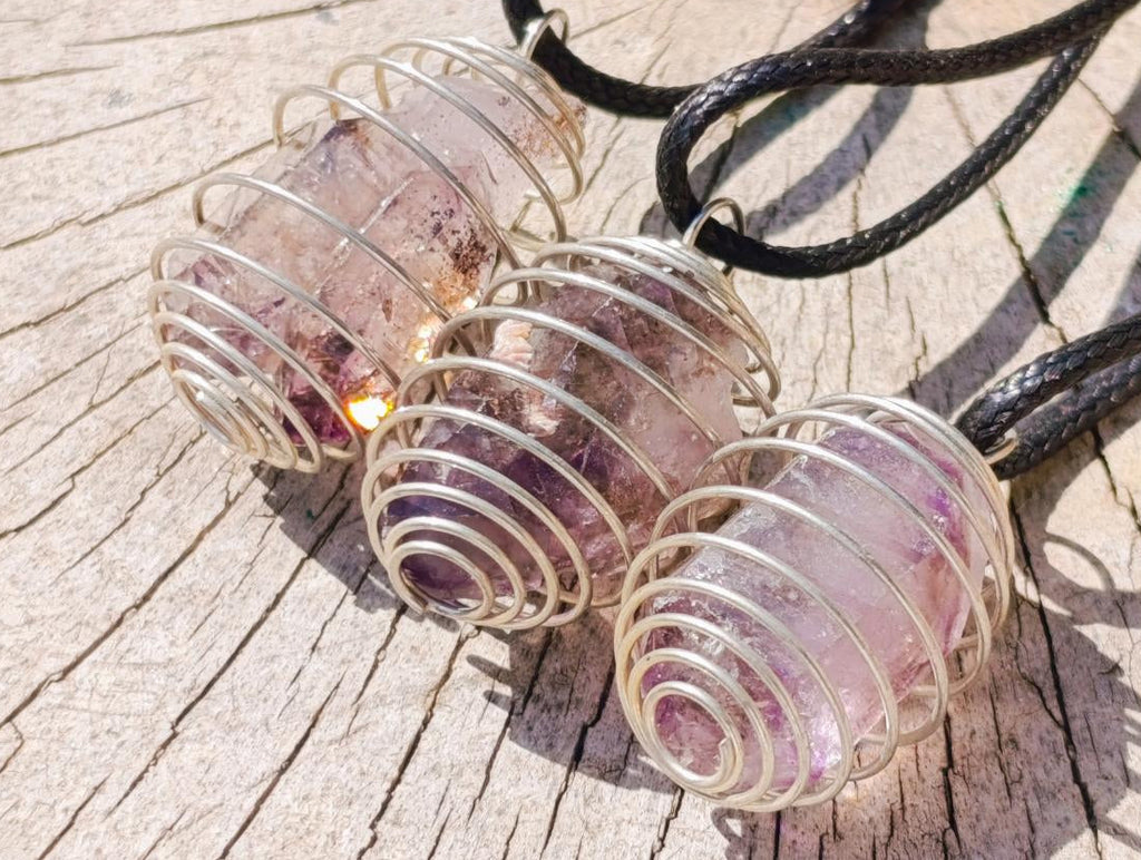 Hand Made Smokey Amethyst Crystal in Spiral Cage Necklace - Sold Per Item - From Chiredzi, Zimbabwe