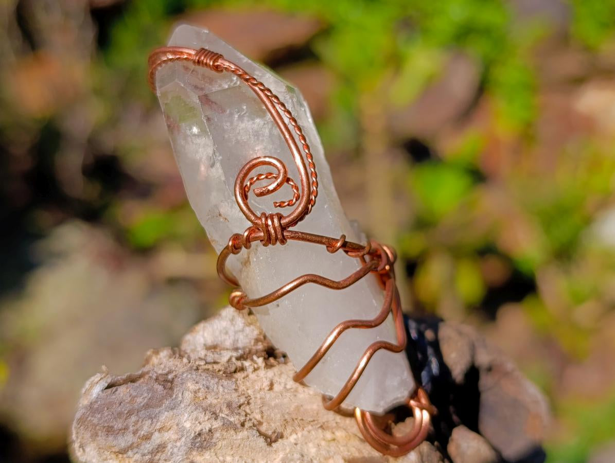 Handmade Copper Wire Art Floater Quartz Crystal Necklace x 1 From Zambia