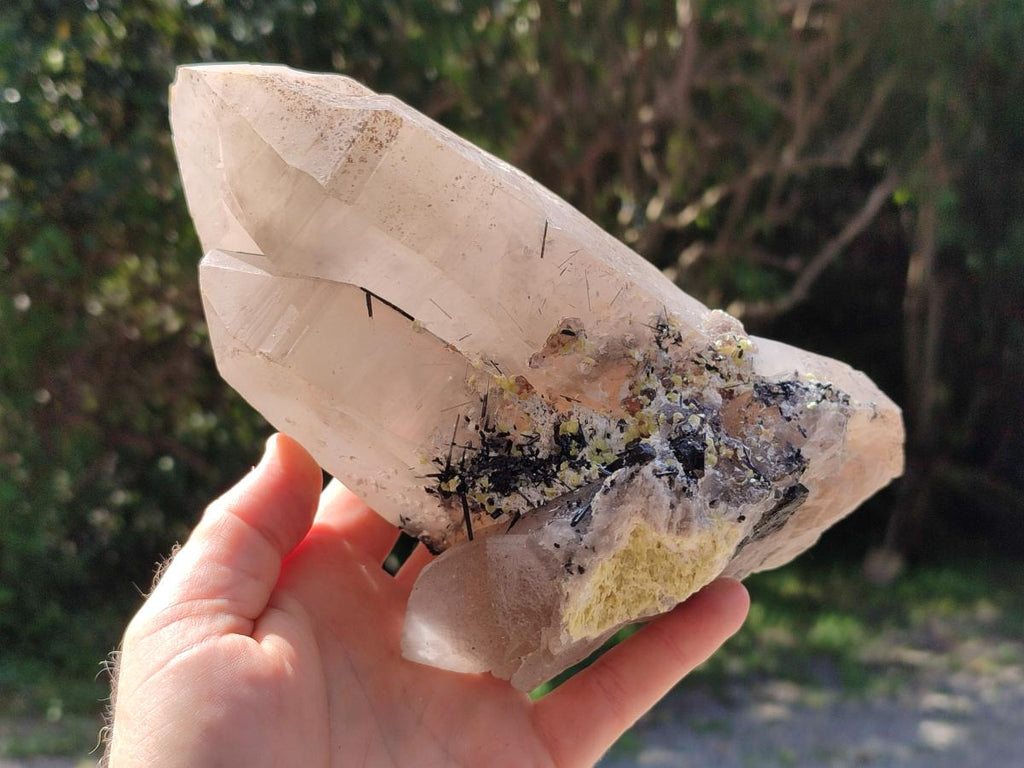 Natural Twin Smokey Quartz Crystal with Black Tourmaline and Hyalite Opal x 1 From Erongo, Namibia
