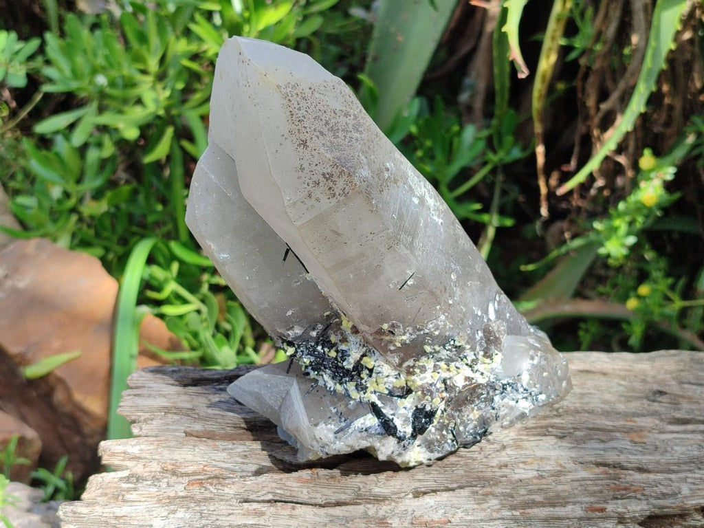 Natural Twin Smokey Quartz Crystal with Black Tourmaline and Hyalite Opal x 1 From Erongo, Namibia
