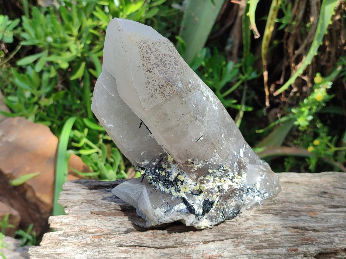 Natural Twin Smokey Quartz Crystal with Black Tourmaline and Hyalite Opal x 1 From Erongo, Namibia
