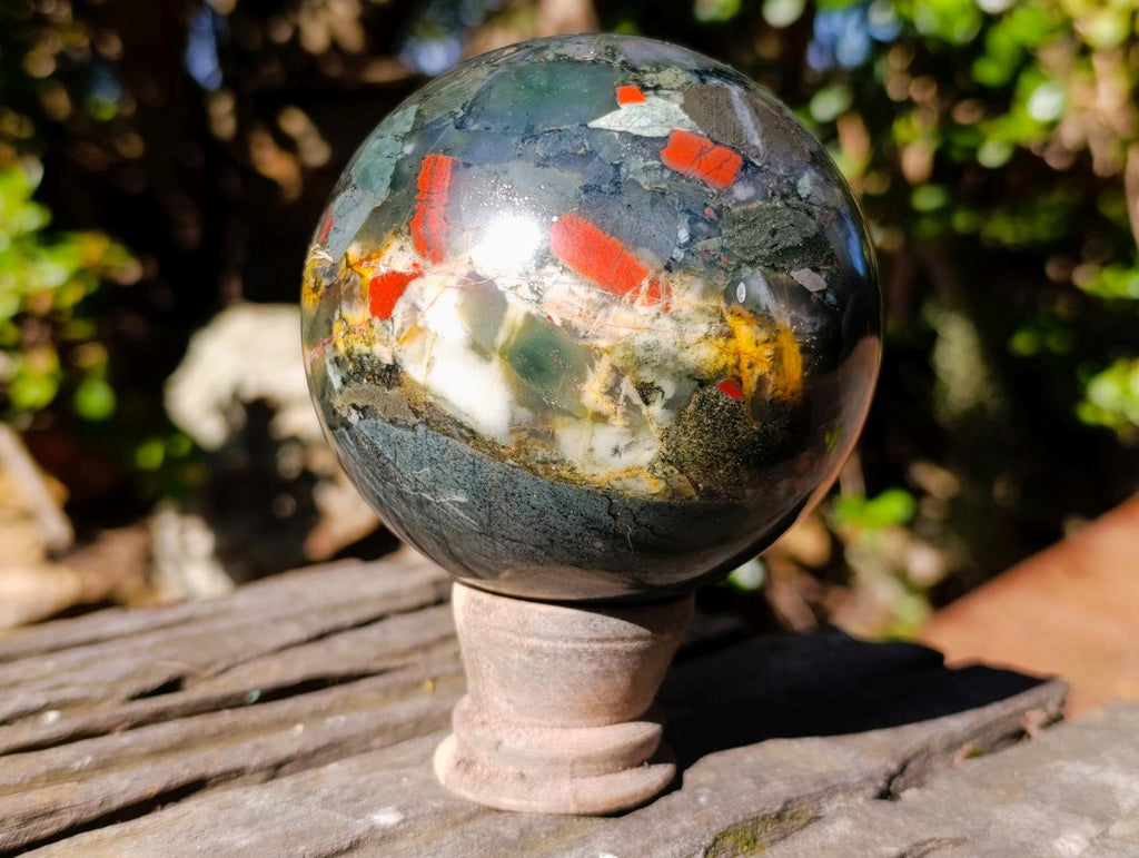 Polished Medium Size Bloodstone Sphere with Pyrite x 1 From Swaziland