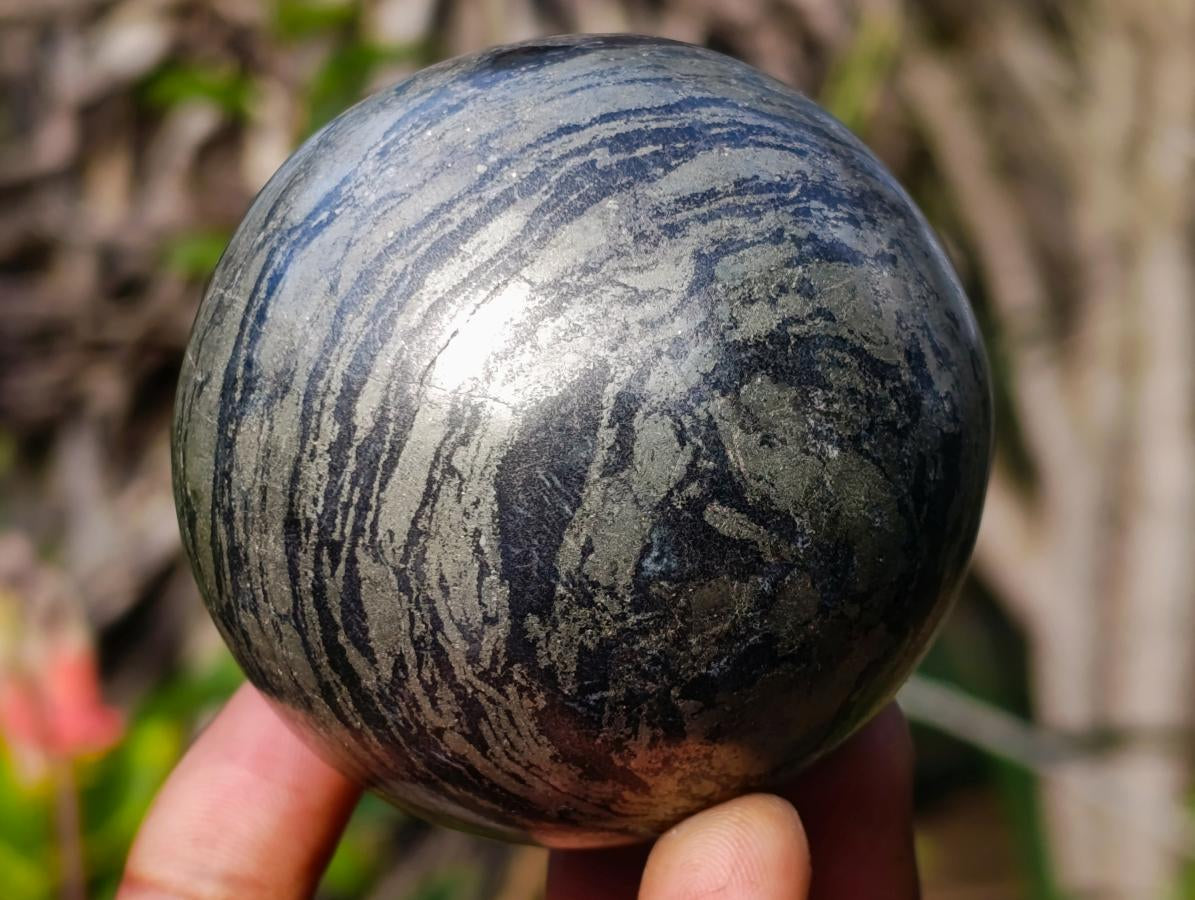 Polished Basalt and Pyrite Pharaoh Stone Sphere x 1 From Iron Duke Mine, Zimbabwe