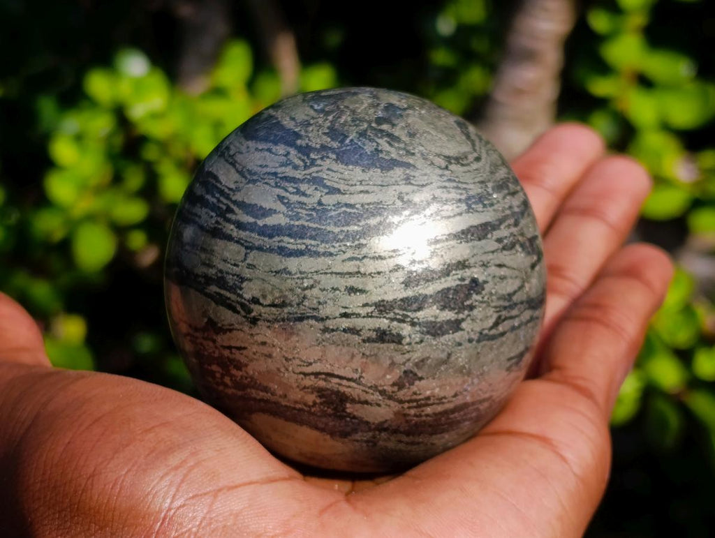 Polished Basalt and Pyrite Pharaoh Stone Sphere x 1 From Iron Duke Mine, Zimbabwe