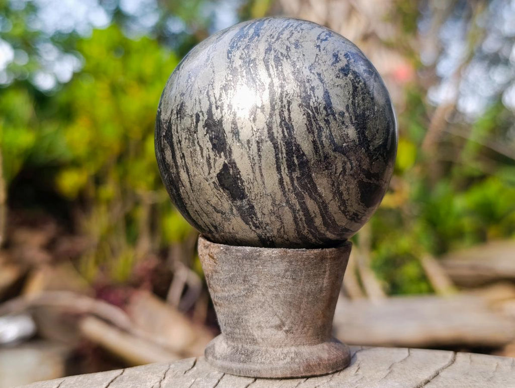 Polished Basalt and Pyrite Pharaoh Stone Sphere x 1 From Iron Duke Mine, Zimbabwe