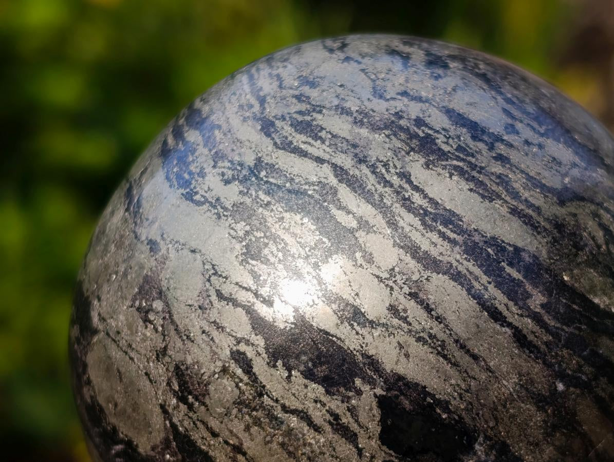 Polished Basalt and Pyrite Pharaoh Stone Sphere x 1 From Iron Duke Mine, Zimbabwe