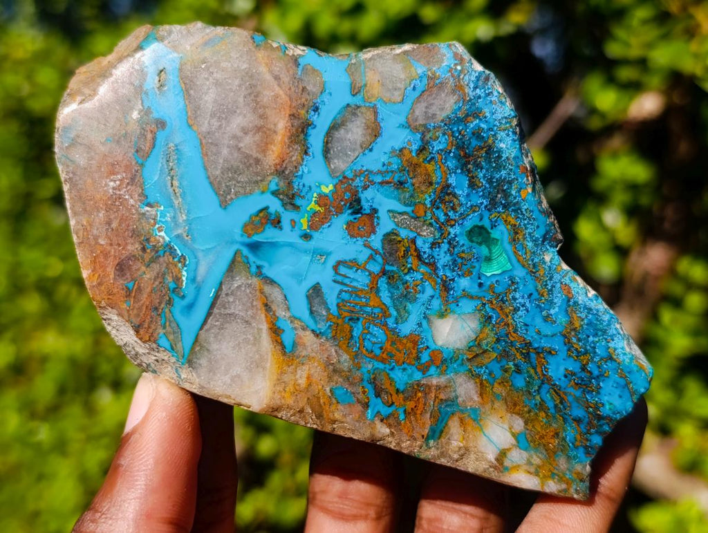 Polished One Side Shattuckite with Silica Chrysocolla and Malachite Slice x 1 From Kaokoveld, Namibia