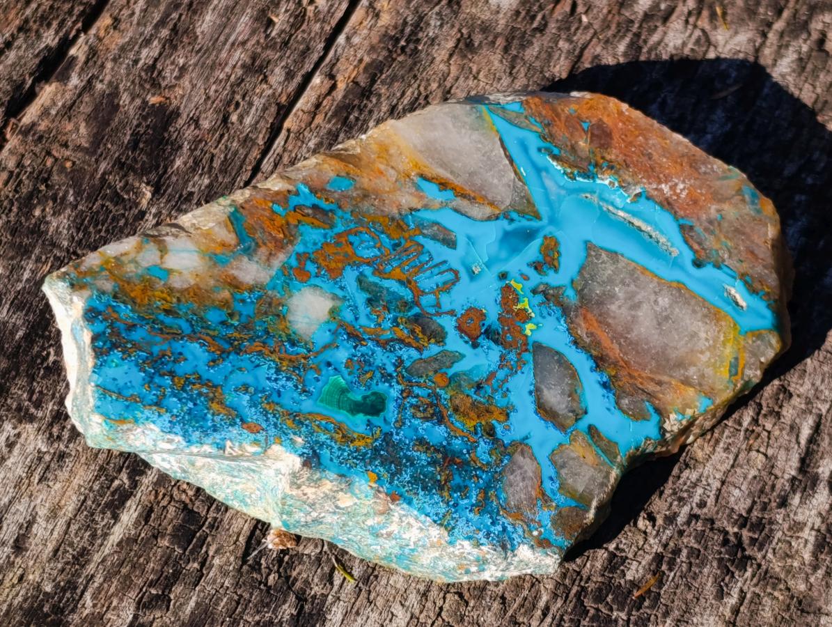 Polished One Side Shattuckite with Silica Chrysocolla and Malachite Slice x 1 From Kaokoveld, Namibia