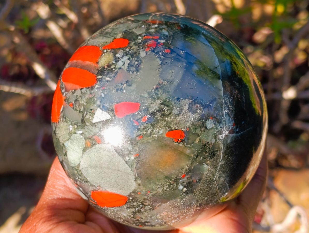 Polished Medium Size Bloodstone Gemstone Sphere with Pyrite x 1 From Swaziland