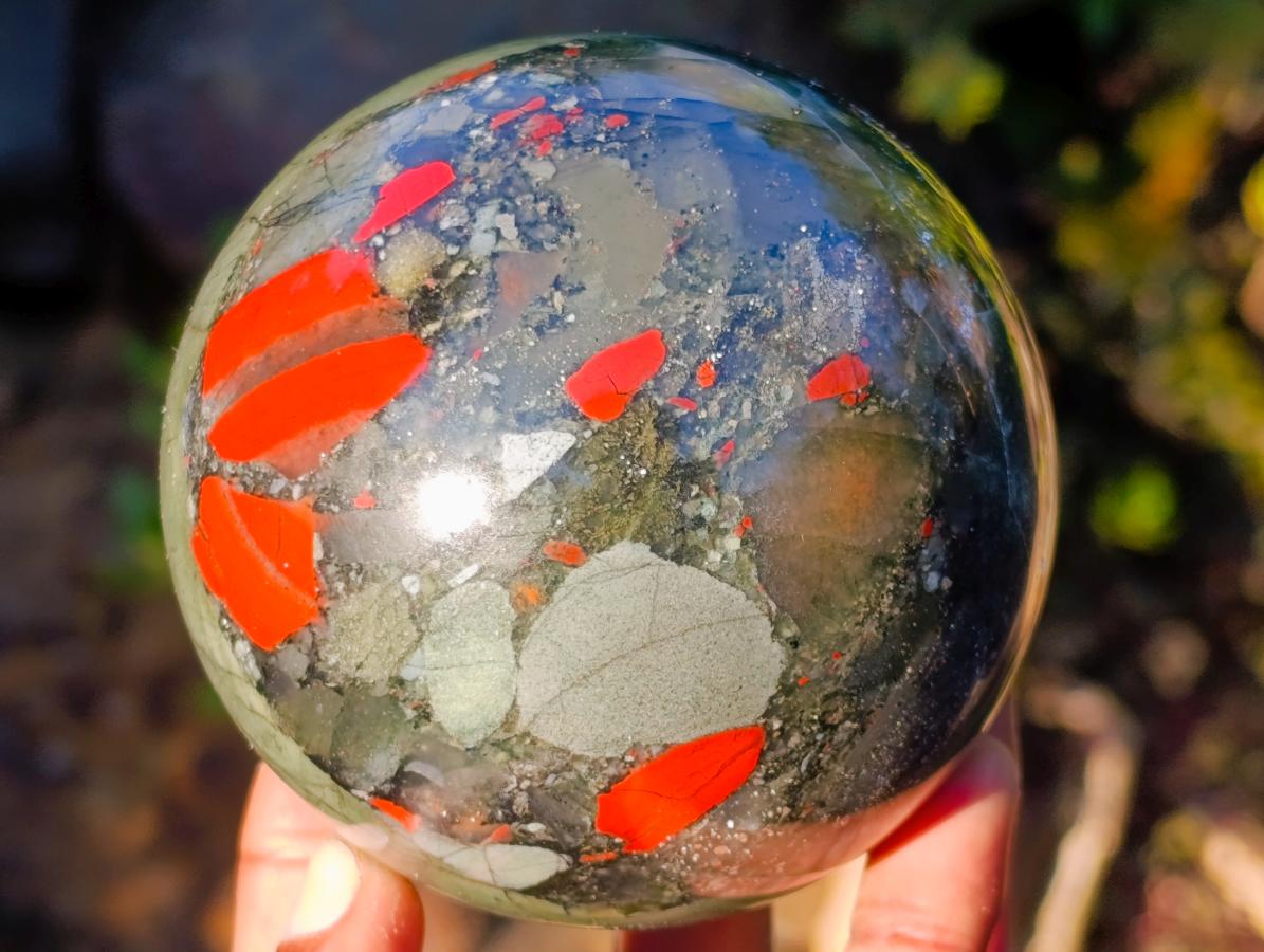 Polished Medium Size Bloodstone Gemstone Sphere with Pyrite x 1 From Swaziland