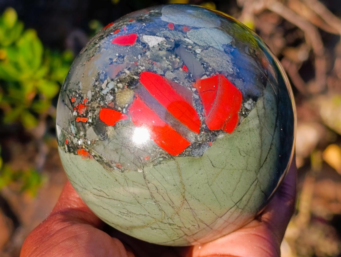 Polished Medium Size Bloodstone Gemstone Sphere with Pyrite x 1 From Swaziland