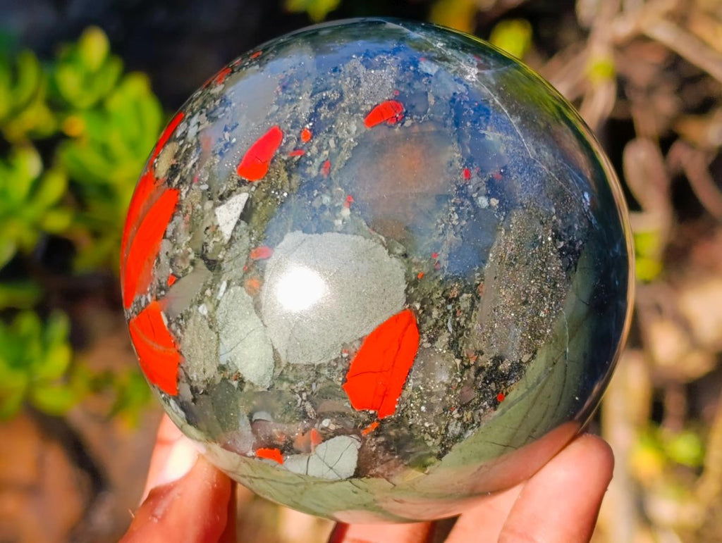 Polished Medium Size Bloodstone Gemstone Sphere with Pyrite x 1 From Swaziland