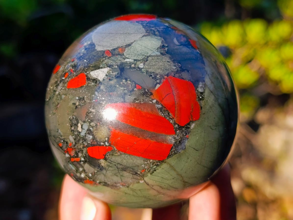 Polished Medium Size Bloodstone Gemstone Sphere with Pyrite x 1 From Swaziland