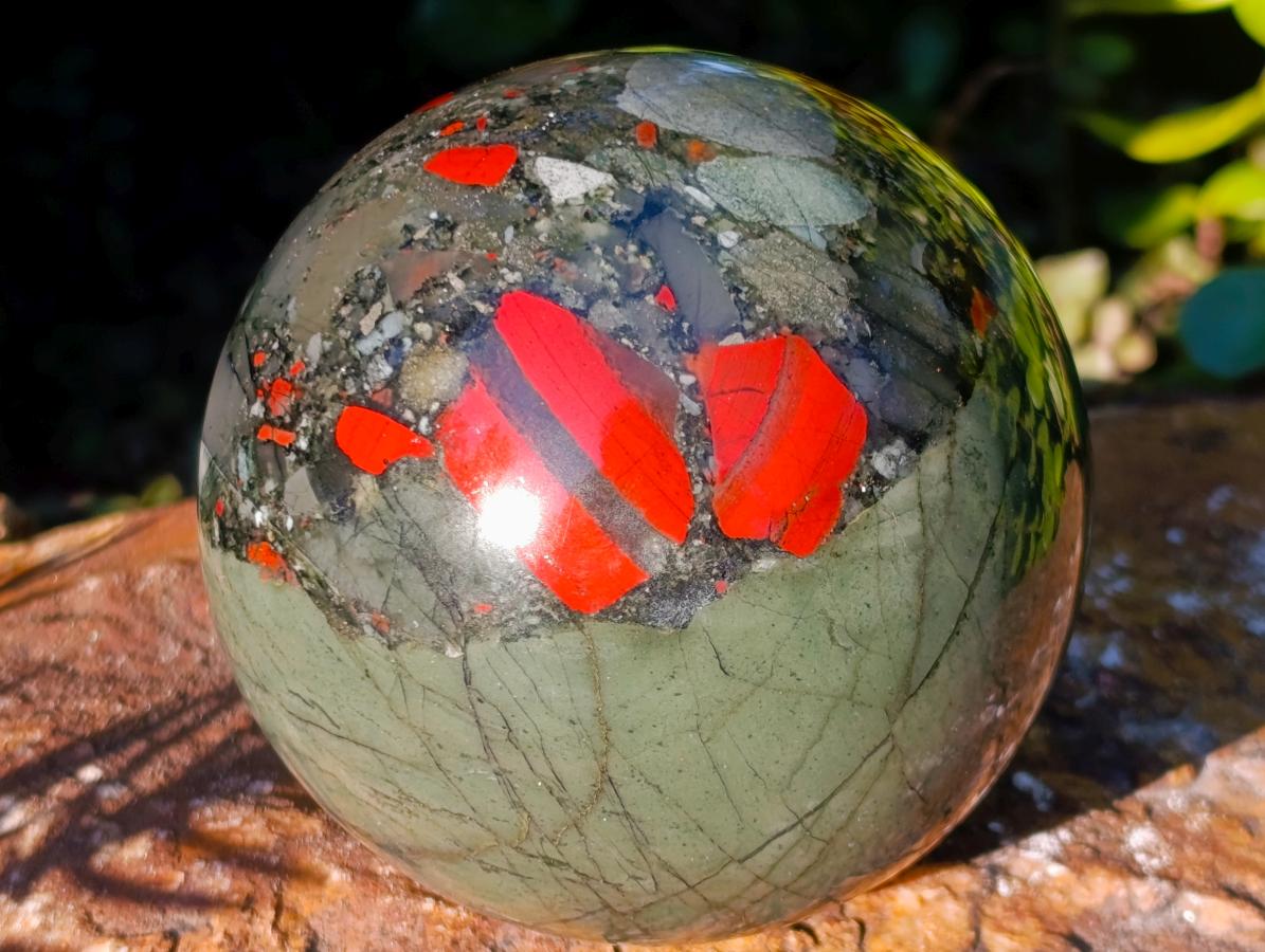Polished Medium Size Bloodstone Gemstone Sphere with Pyrite x 1 From Swaziland