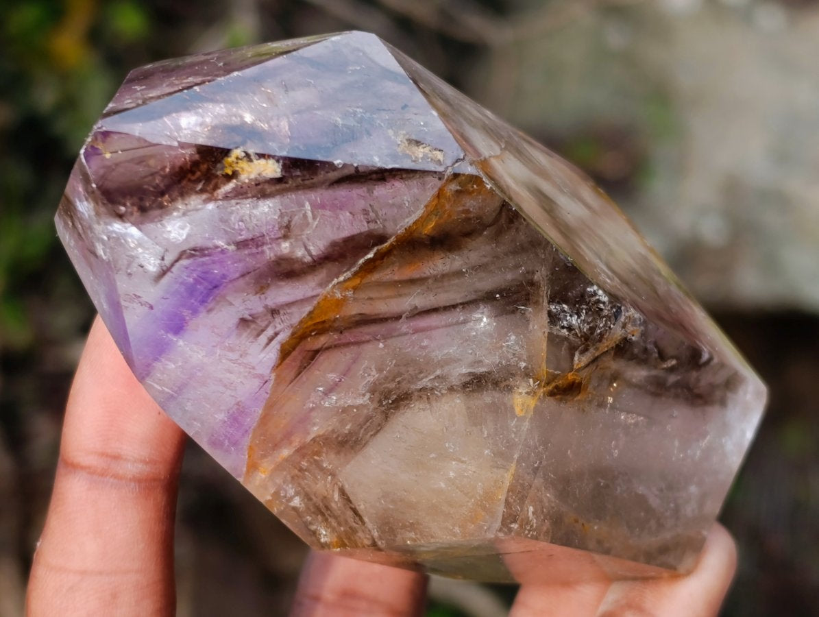 Polished Smokey Amethyst Window Quartz Crystal with Enhydro x 1 From Akansobe Madagascar