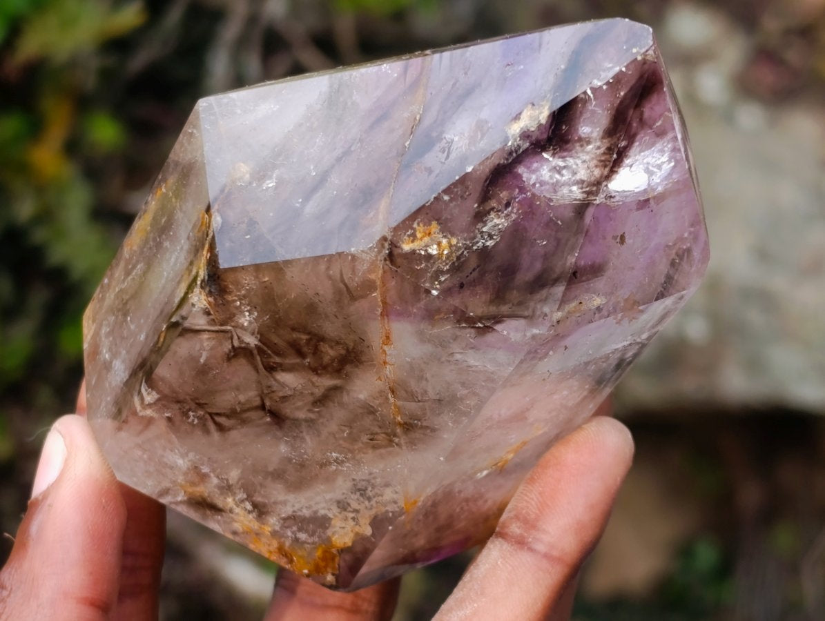 Polished Smokey Amethyst Window Quartz Crystal with Enhydro x 1 From Akansobe Madagascar