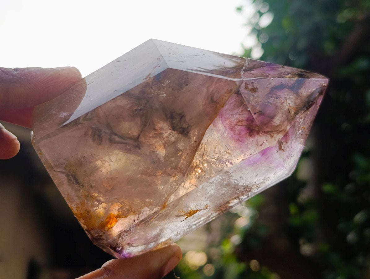Polished Smokey Amethyst Window Quartz Crystal with Enhydro x 1 From Akansobe Madagascar