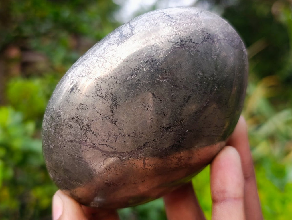 Polished Basalt and Pyrite Pharaoh Stone Palm Stone x 1 From Iron Duke Mine, Zimbabwe