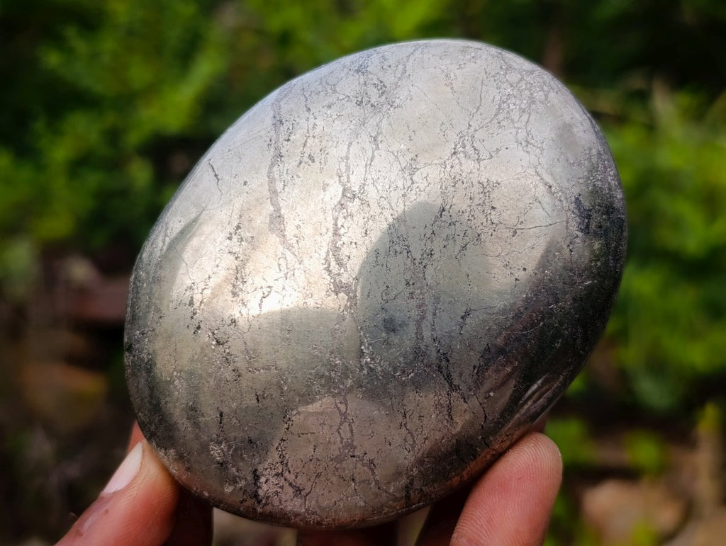 Polished Basalt and Pyrite Pharaoh Stone Palm Stone x 1 From Iron Duke Mine, Zimbabwe